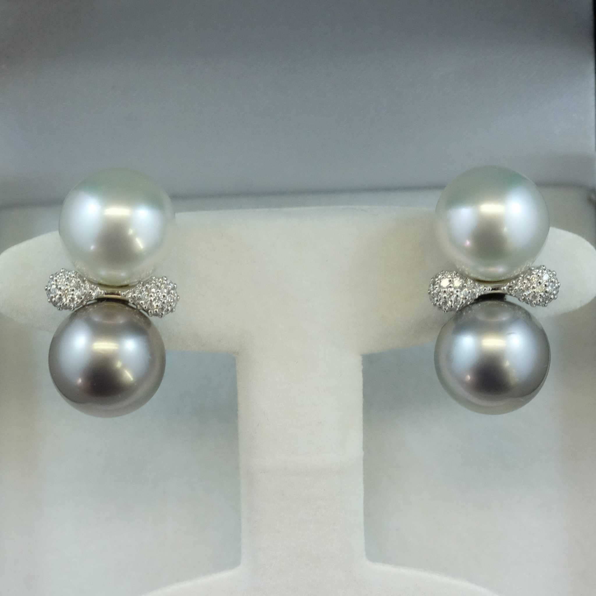 perle noire Boucles d'oreilles Parti or Pretty 18k perles twopin New 9-10 mm blanc 