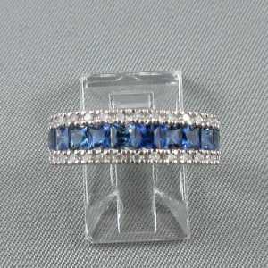Bague saphirs bleus et diamants, 14K blanc, B6261-1