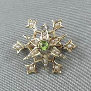 Broche/pendentif, perles fines et verre vert, 10K jaune, B6679-1