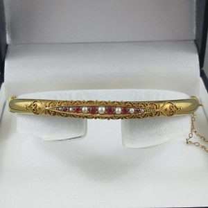 Bracelet Rubis et perles, 15K jaune, B6771-1