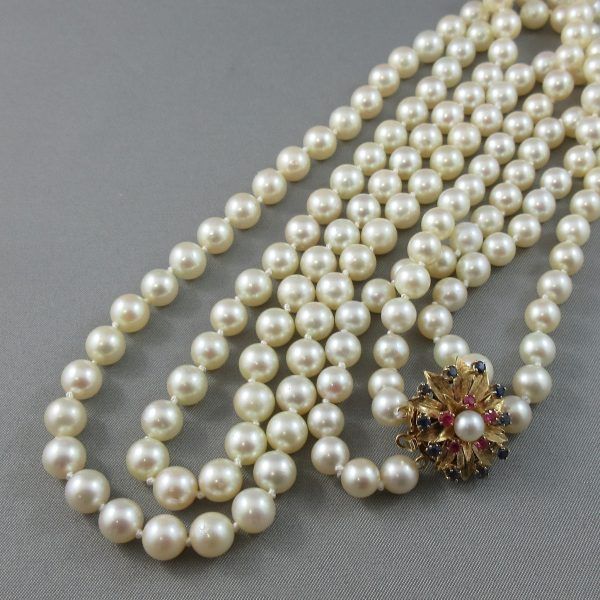 Akoya pearls, rubies and blue sapphires 14K yellow gold necklace