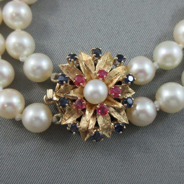 Akoya pearls, rubies and blue sapphires 14K yellow gold necklace - Image 3