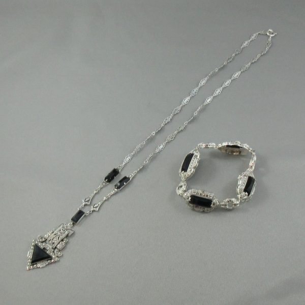 Black chalcedony and marcasite, silver necklace and bracelet