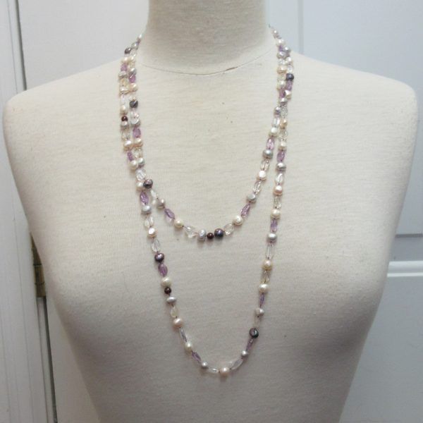 Freshwater pearl, quartz, amethyst and garnet, silver long necklace