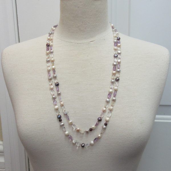 Freshwater pearl, quartz, amethyst and garnet, silver long necklace - Image 2