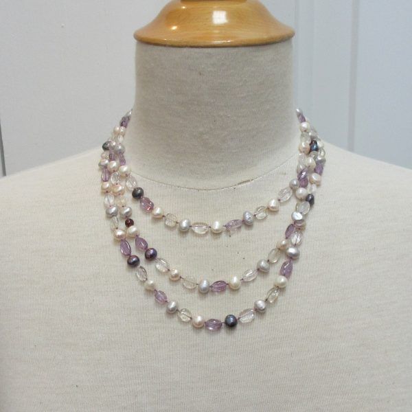 Freshwater pearl, quartz, amethyst and garnet, silver long necklace - Image 3