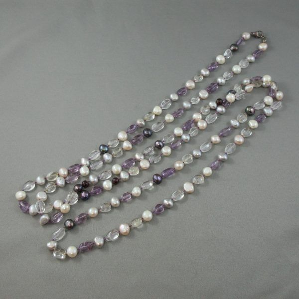 Freshwater pearl, quartz, amethyst and garnet, silver long necklace - Image 4