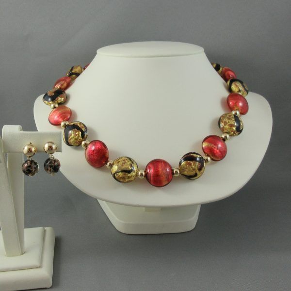 Collier et pendants d'oreilles, verre murano, 18K jaune