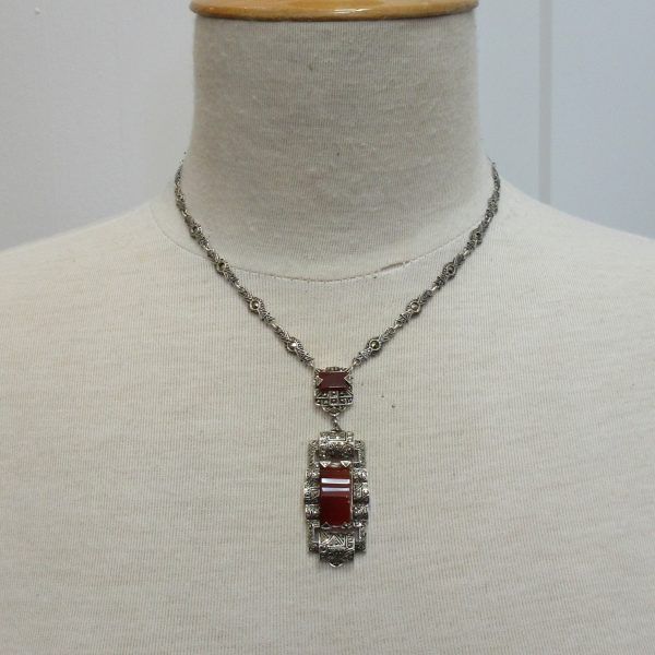 Art deco, carnelian and marcaiste, silver necklace - Image 4