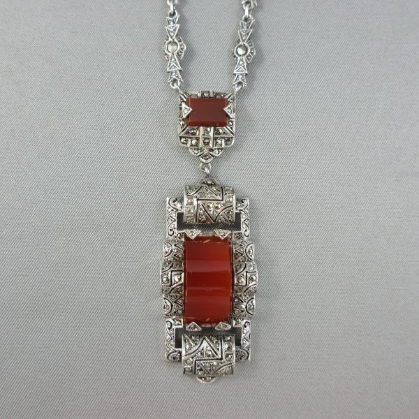 Art deco, carnelian and marcaiste, silver necklace