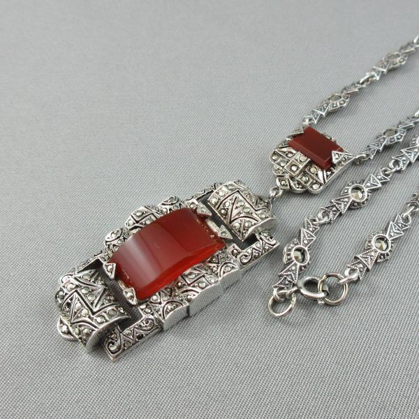 Art deco, carnelian and marcaiste, silver necklace - Image 3
