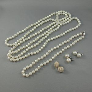 Imitaition pearls, necklaces and 3 earrings