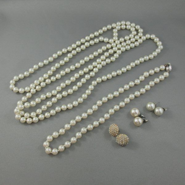 Imitaition pearls, necklaces and 3 earrings
