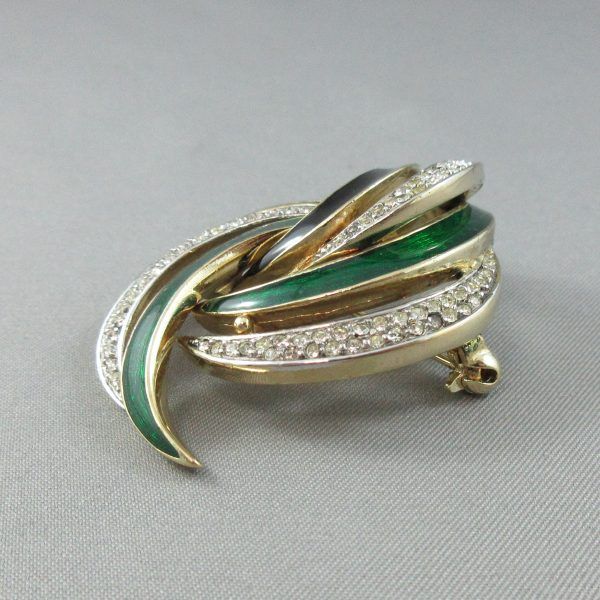 White glass, green and black enamel, fancy brooch - Image 2