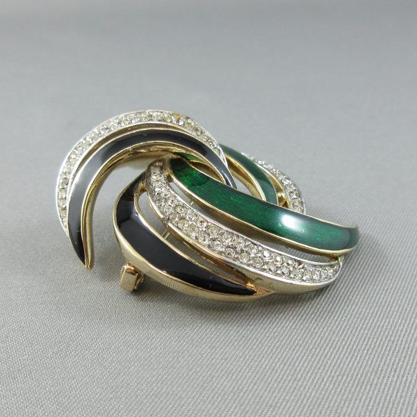 White glass, green and black enamel, fancy brooch - Image 3