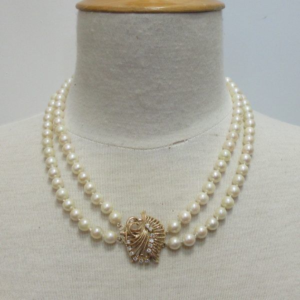 Collier, perles Akoya et diamants, 14K jaune – Image 3