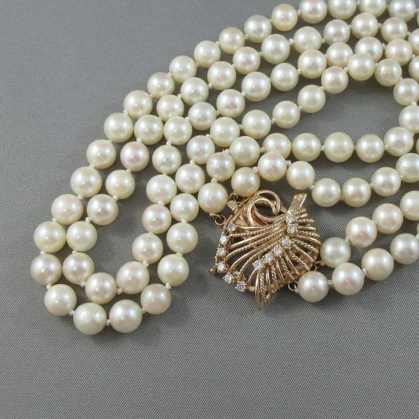 Collier, perles Akoya et diamants, 14K jaune – Image 6